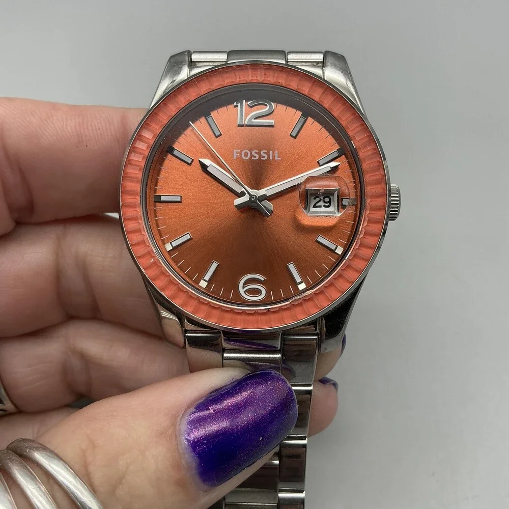 Fossil 2515 Mens Watch 39mm Orange Dial Silver Tone Date New Battery 6.75